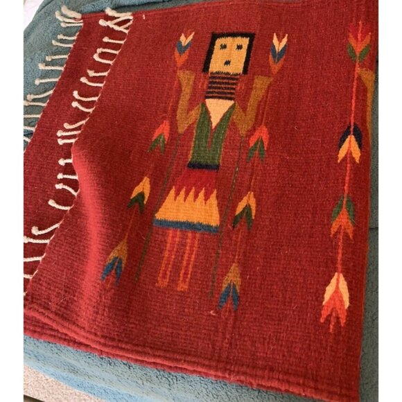 Vintage Zapotec Rug Women of the Cornfield Red Hand Woven Wool 23 x 41 Fringed - Picture 6 of 13